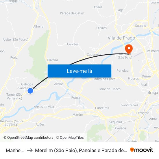 Manhente to Merelim (São Paio), Panoias e Parada de Tibães map