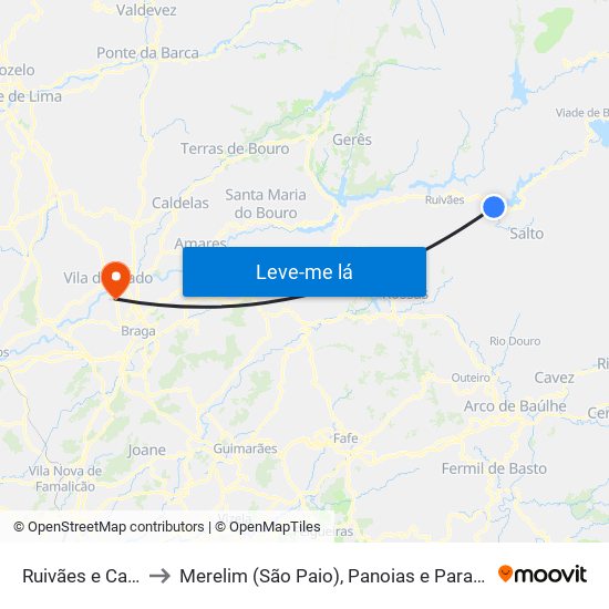 Ruivães e Campos to Merelim (São Paio), Panoias e Parada de Tibães map