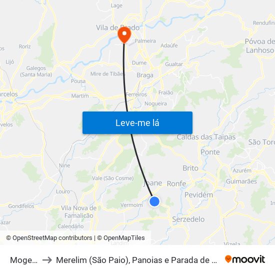 Mogege to Merelim (São Paio), Panoias e Parada de Tibães map