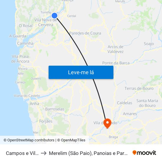 Campos e Vila Meã to Merelim (São Paio), Panoias e Parada de Tibães map