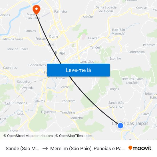 Sande (São Martinho) to Merelim (São Paio), Panoias e Parada de Tibães map