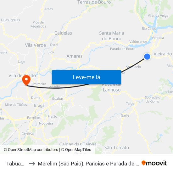 Tabuaças to Merelim (São Paio), Panoias e Parada de Tibães map