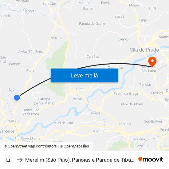 Lijó to Merelim (São Paio), Panoias e Parada de Tibães map