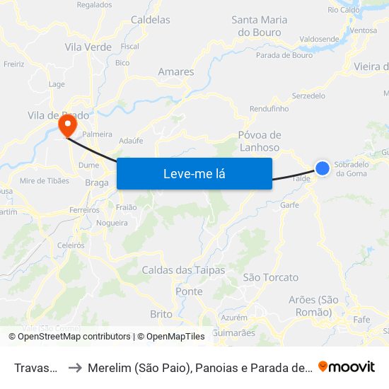 Travassos to Merelim (São Paio), Panoias e Parada de Tibães map