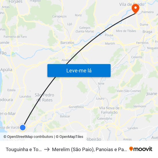 Touguinha e Touguinhó to Merelim (São Paio), Panoias e Parada de Tibães map