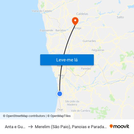 Anta e Guetim to Merelim (São Paio), Panoias e Parada de Tibães map