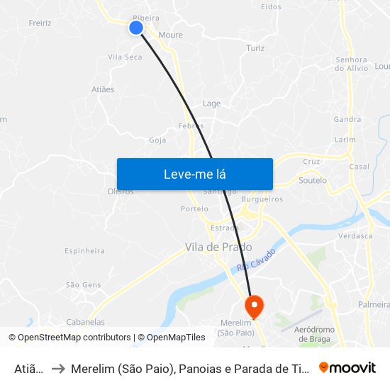 Atiães to Merelim (São Paio), Panoias e Parada de Tibães map