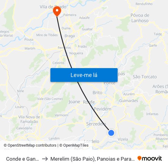 Conde e Gandarela to Merelim (São Paio), Panoias e Parada de Tibães map