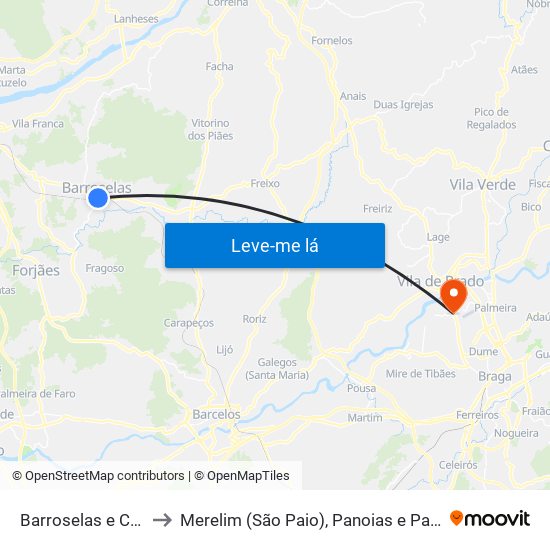 Barroselas e Carvoeiro to Merelim (São Paio), Panoias e Parada de Tibães map