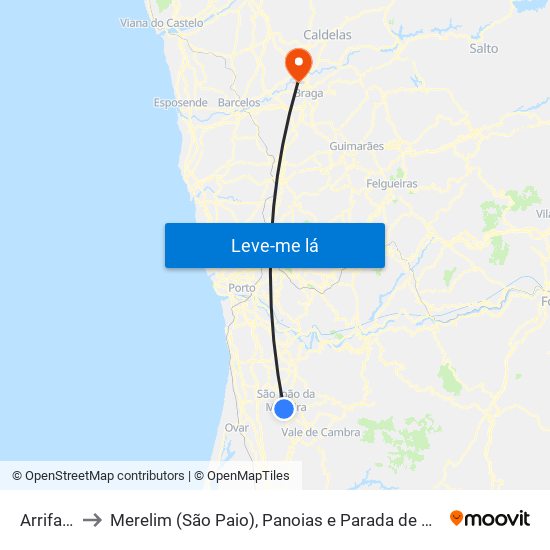 Arrifana to Merelim (São Paio), Panoias e Parada de Tibães map