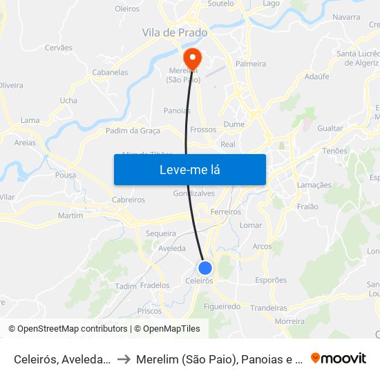 Celeirós, Aveleda e Vimieiro to Merelim (São Paio), Panoias e Parada de Tibães map