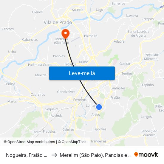 Nogueira, Fraião e Lamaçães to Merelim (São Paio), Panoias e Parada de Tibães map