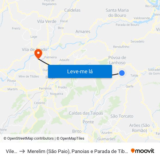 Vilela to Merelim (São Paio), Panoias e Parada de Tibães map