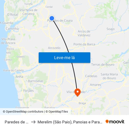 Paredes de Coura to Merelim (São Paio), Panoias e Parada de Tibães map