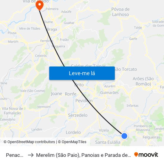 Penacova to Merelim (São Paio), Panoias e Parada de Tibães map