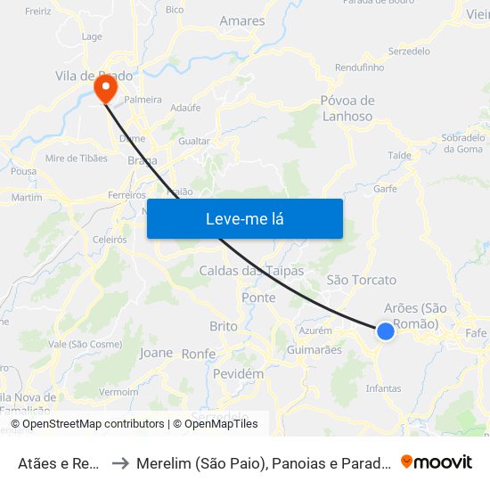 Atães e Rendufe to Merelim (São Paio), Panoias e Parada de Tibães map