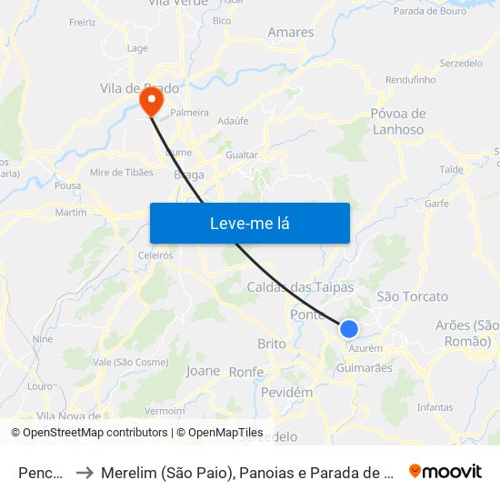 Pencelo to Merelim (São Paio), Panoias e Parada de Tibães map