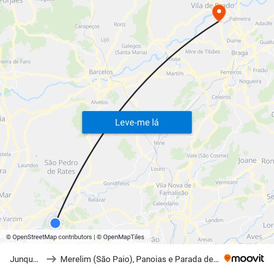 Junqueira to Merelim (São Paio), Panoias e Parada de Tibães map