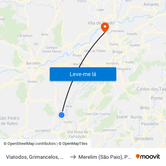 Viatodos, Grimancelos, Minhotães e Monte de Fralães to Merelim (São Paio), Panoias e Parada de Tibães map