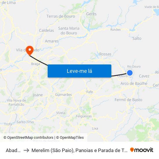 Abadim to Merelim (São Paio), Panoias e Parada de Tibães map
