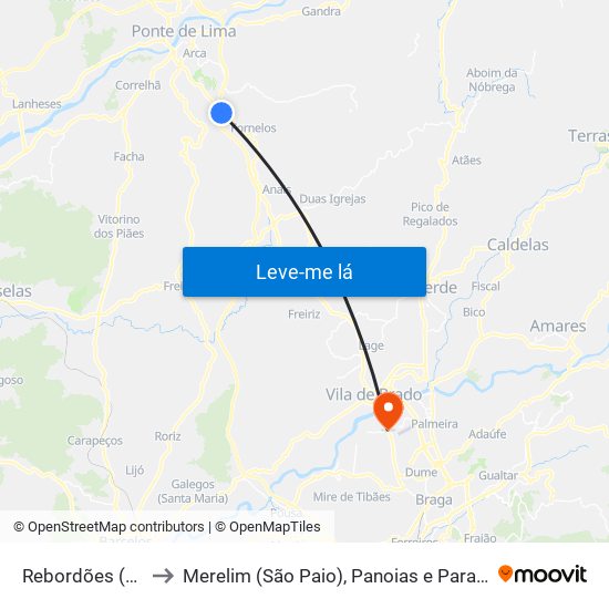 Rebordões (Souto) to Merelim (São Paio), Panoias e Parada de Tibães map