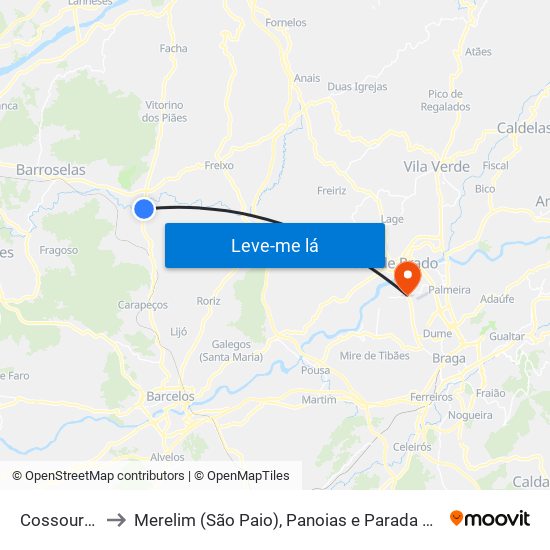 Cossourado to Merelim (São Paio), Panoias e Parada de Tibães map