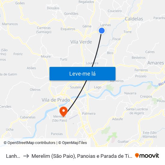 Lanhas to Merelim (São Paio), Panoias e Parada de Tibães map