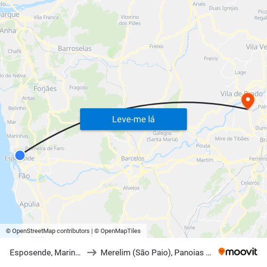 Esposende, Marinhas e Gandra to Merelim (São Paio), Panoias e Parada de Tibães map