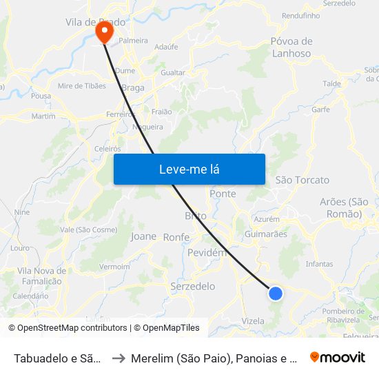 Tabuadelo e São Faustino to Merelim (São Paio), Panoias e Parada de Tibães map