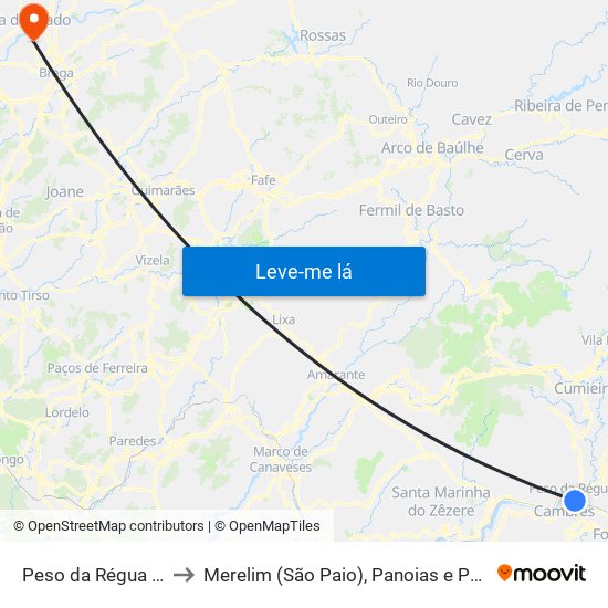 Peso da Régua e Godim to Merelim (São Paio), Panoias e Parada de Tibães map