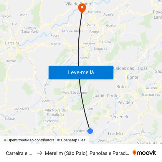 Carreira e Bente to Merelim (São Paio), Panoias e Parada de Tibães map