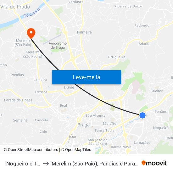 Nogueiró e Tenões to Merelim (São Paio), Panoias e Parada de Tibães map