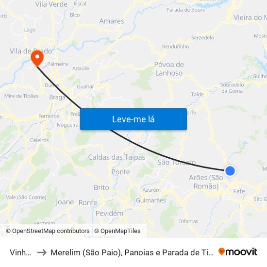 Vinhós to Merelim (São Paio), Panoias e Parada de Tibães map