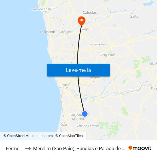 Fermedo to Merelim (São Paio), Panoias e Parada de Tibães map