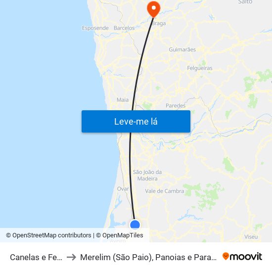 Canelas e Fermelã to Merelim (São Paio), Panoias e Parada de Tibães map