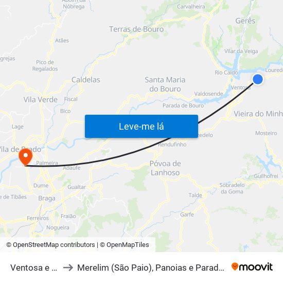 Ventosa e Cova to Merelim (São Paio), Panoias e Parada de Tibães map