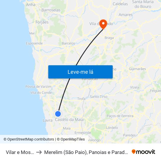 Vilar e Mosteiró to Merelim (São Paio), Panoias e Parada de Tibães map