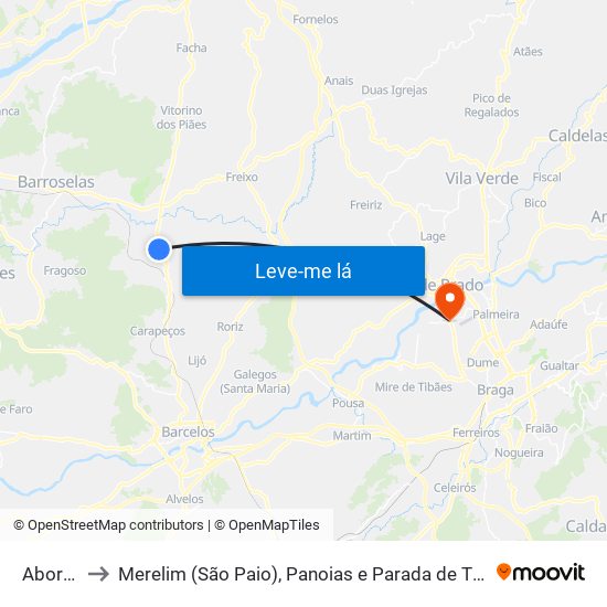 Aborim to Merelim (São Paio), Panoias e Parada de Tibães map