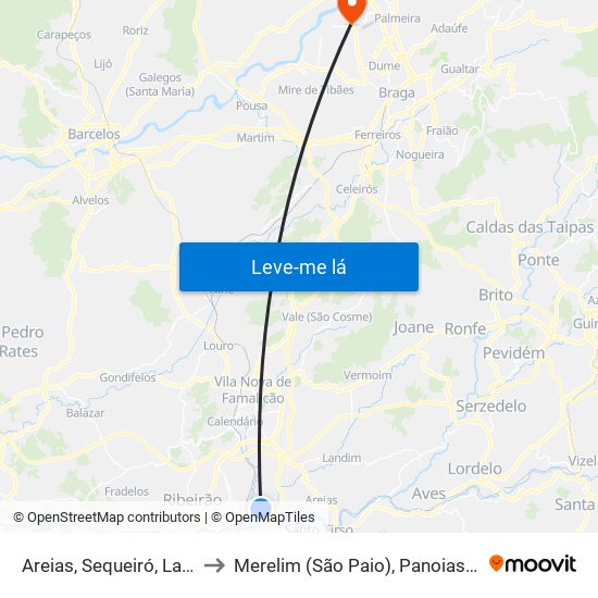 Areias, Sequeiró, Lama e Palmeira to Merelim (São Paio), Panoias e Parada de Tibães map