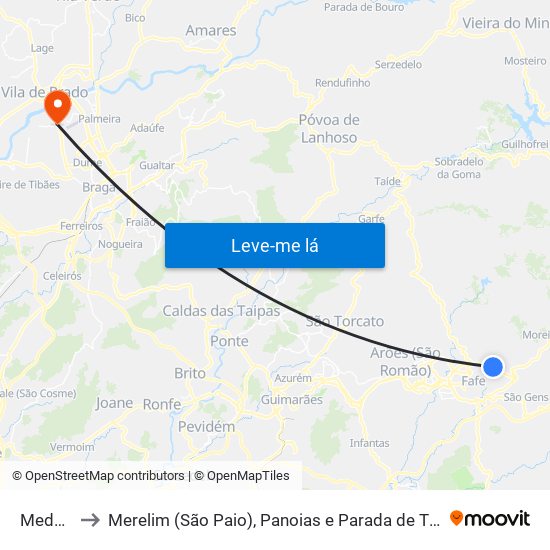 Medelo to Merelim (São Paio), Panoias e Parada de Tibães map