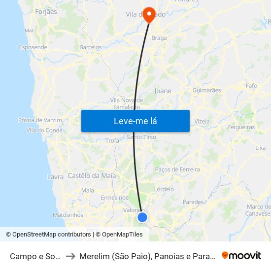 Campo e Sobrado to Merelim (São Paio), Panoias e Parada de Tibães map