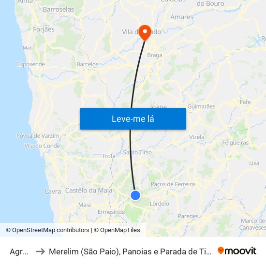 Agrela to Merelim (São Paio), Panoias e Parada de Tibães map