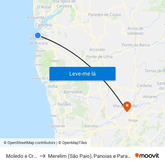 Moledo e Cristelo to Merelim (São Paio), Panoias e Parada de Tibães map