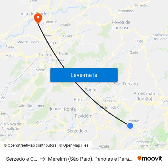 Serzedo e Calvos to Merelim (São Paio), Panoias e Parada de Tibães map