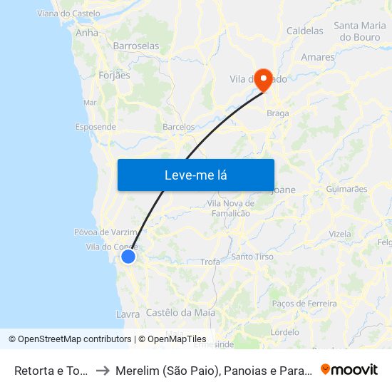 Retorta e Tougues to Merelim (São Paio), Panoias e Parada de Tibães map