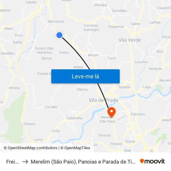 Freiriz to Merelim (São Paio), Panoias e Parada de Tibães map