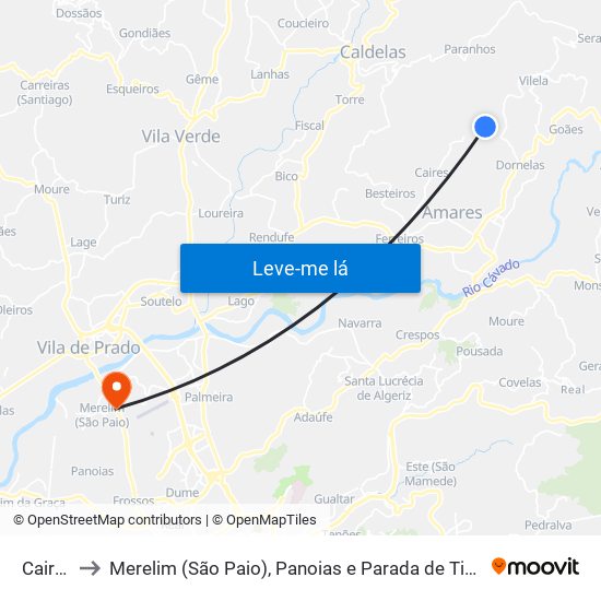 Caires to Merelim (São Paio), Panoias e Parada de Tibães map