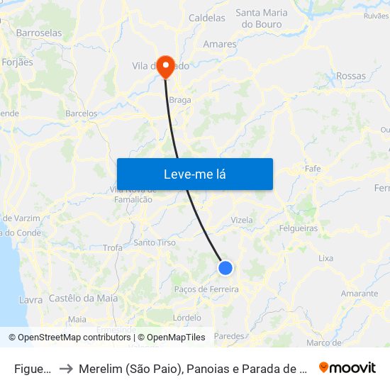 Figueiró to Merelim (São Paio), Panoias e Parada de Tibães map