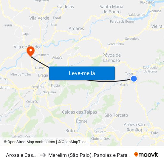 Arosa e Castelões to Merelim (São Paio), Panoias e Parada de Tibães map