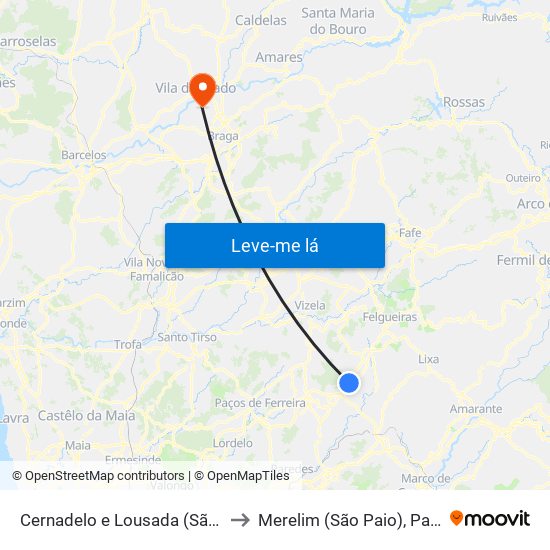 Cernadelo e Lousada (São Miguel e Santa Margarida) to Merelim (São Paio), Panoias e Parada de Tibães map